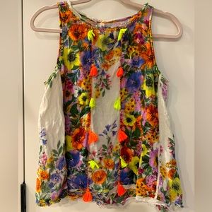 Anthropologie RAGA Floral Sleeveless Swing Blouse Neon Tassels XS